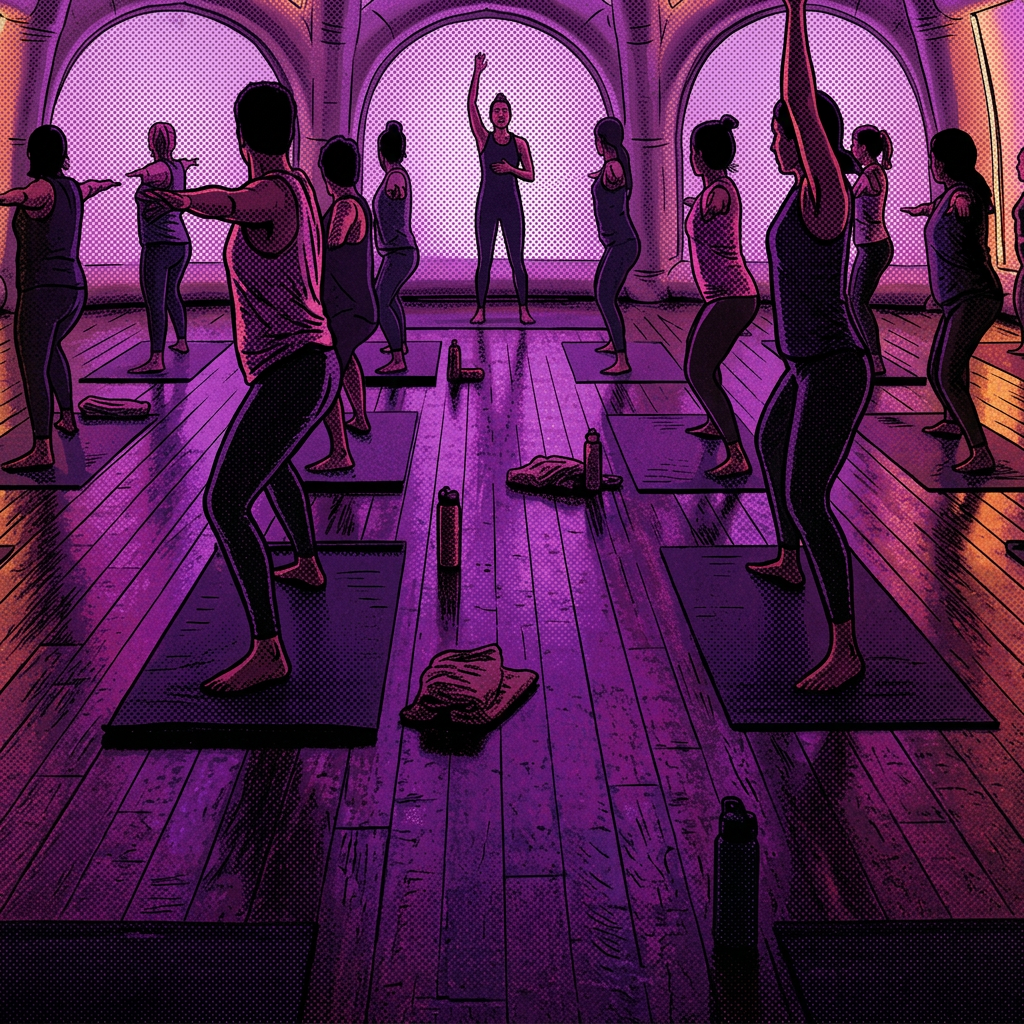 Evening yoga class in ambient tent Group yoga session in a dimly lit tent with purple lighting