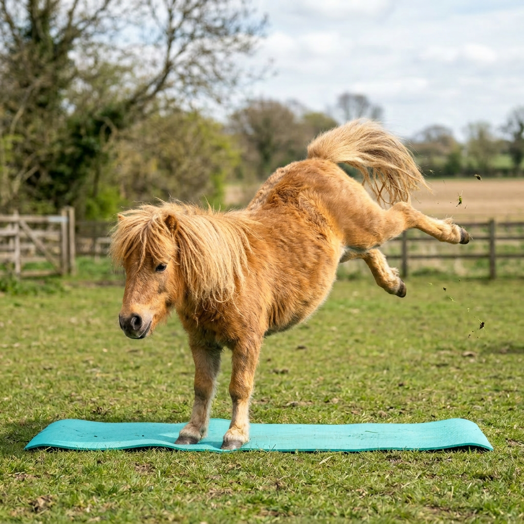 Playful miniature pony on yoga mat Miniature brown pony standing on a blue yoga mat in a grassy field, kicking its back leg