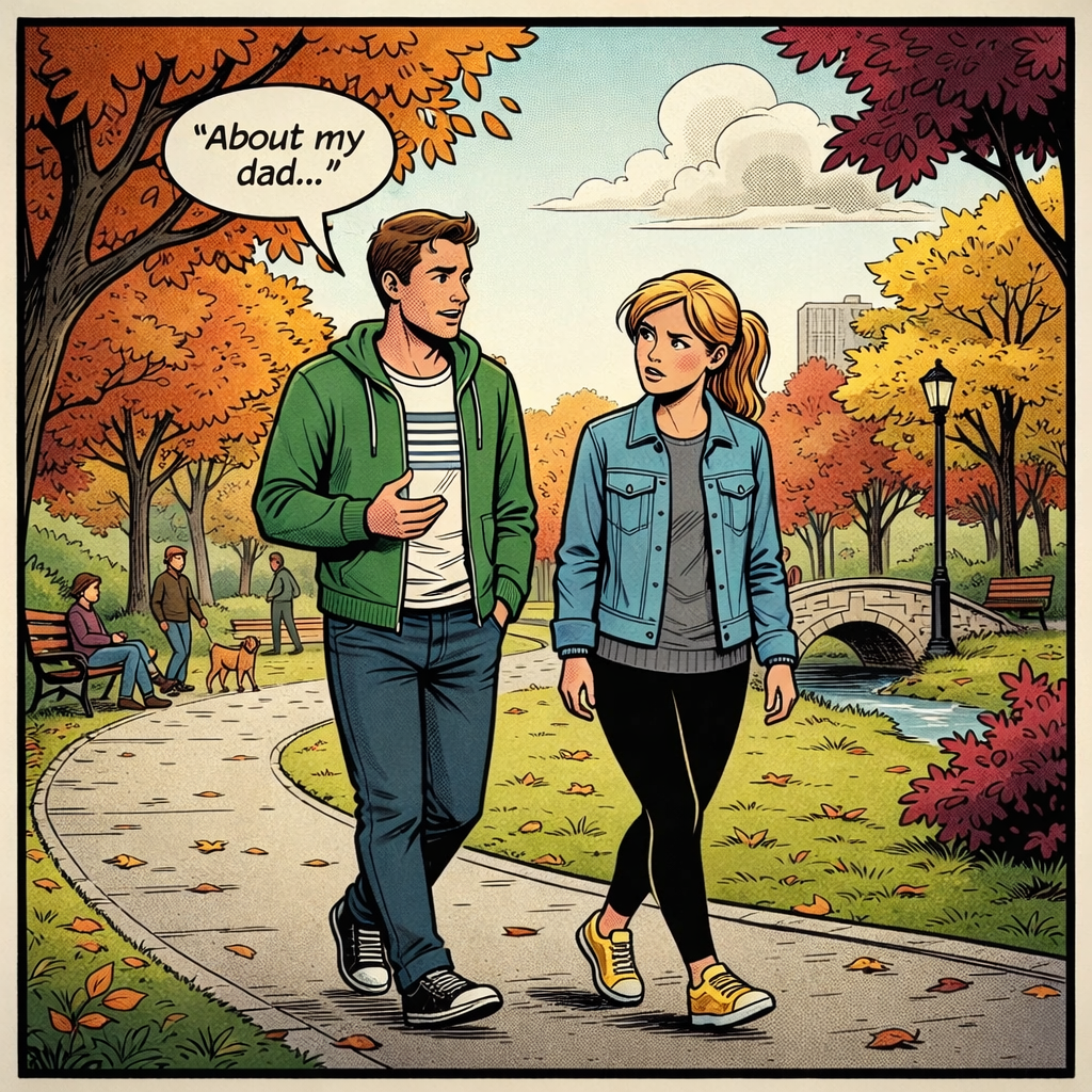 Two people walking on a park path with autumn trees and a small bridge, talking about the nice weather.