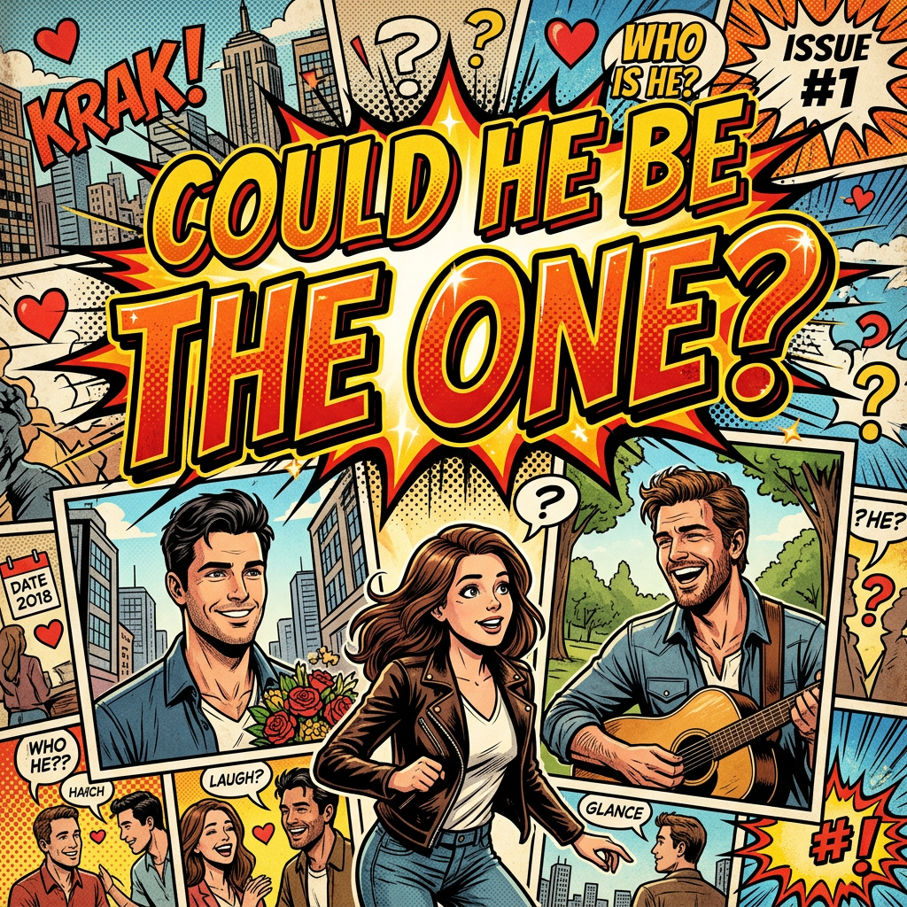 Comic style artwork showing a woman deciding between two men in different scenes