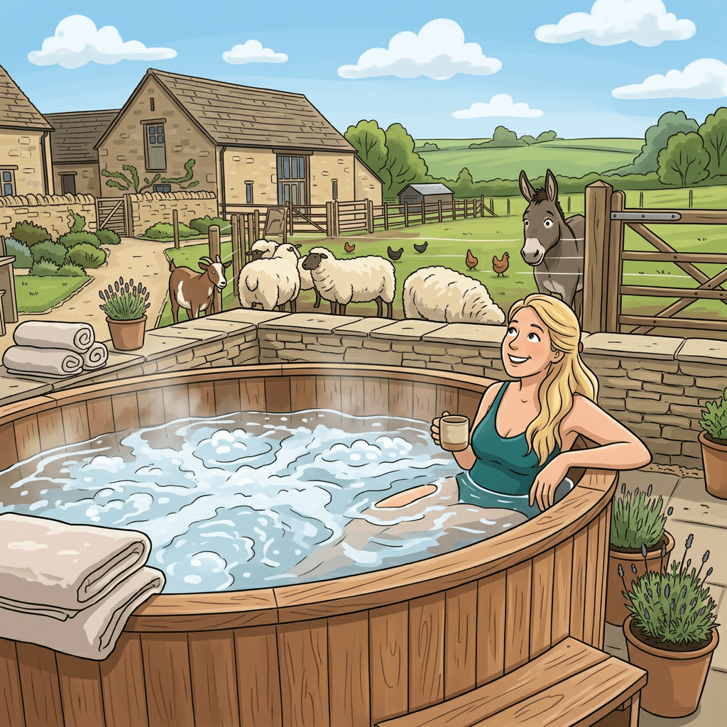 Woman in hot tub holding a cup with sheep, goats, chickens, and a donkey outside